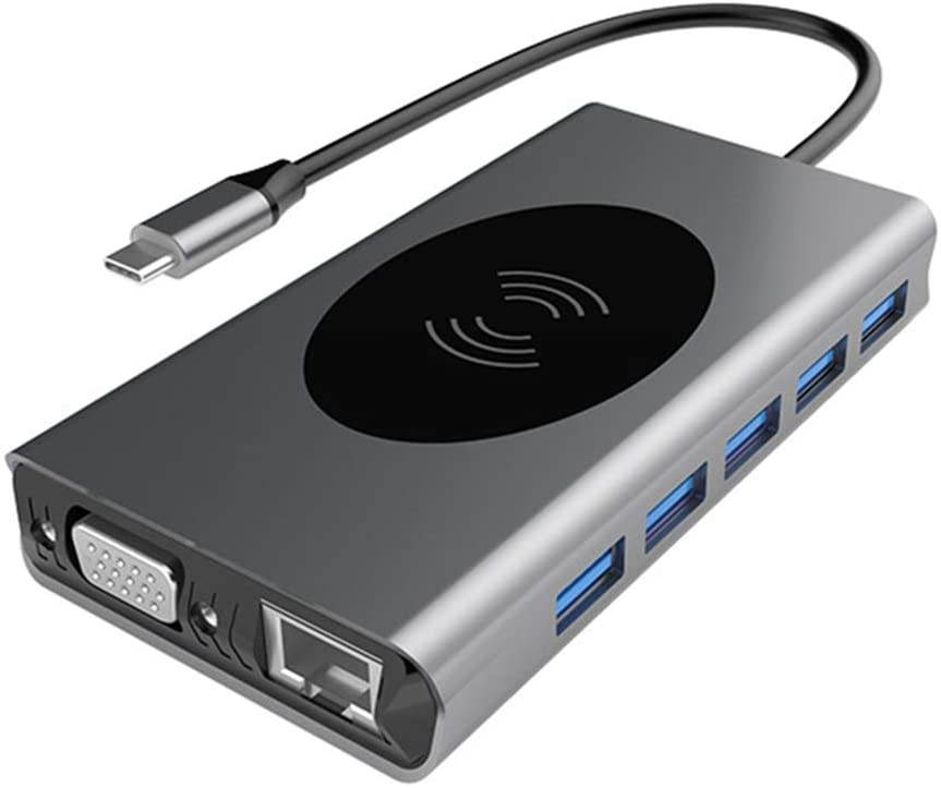 Direct Aluminum Alloy USB Type C to USB3.0 VGA RJ45, 10W Wireless Charger Hub Adapter for Laptop Notebook Smartphones