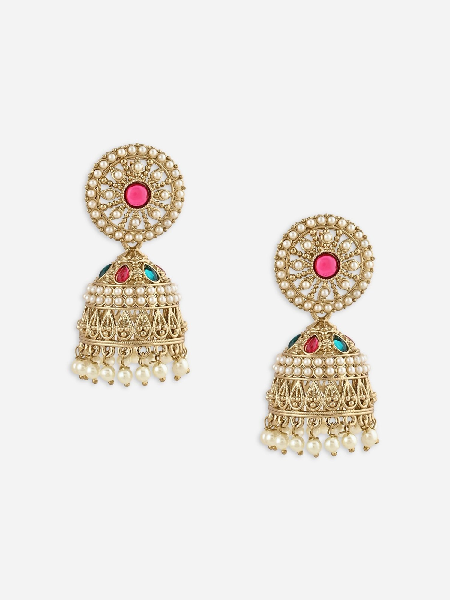 Fida Gold Plated Multicolor White Pearls Temple Jhumki Earrings for Women