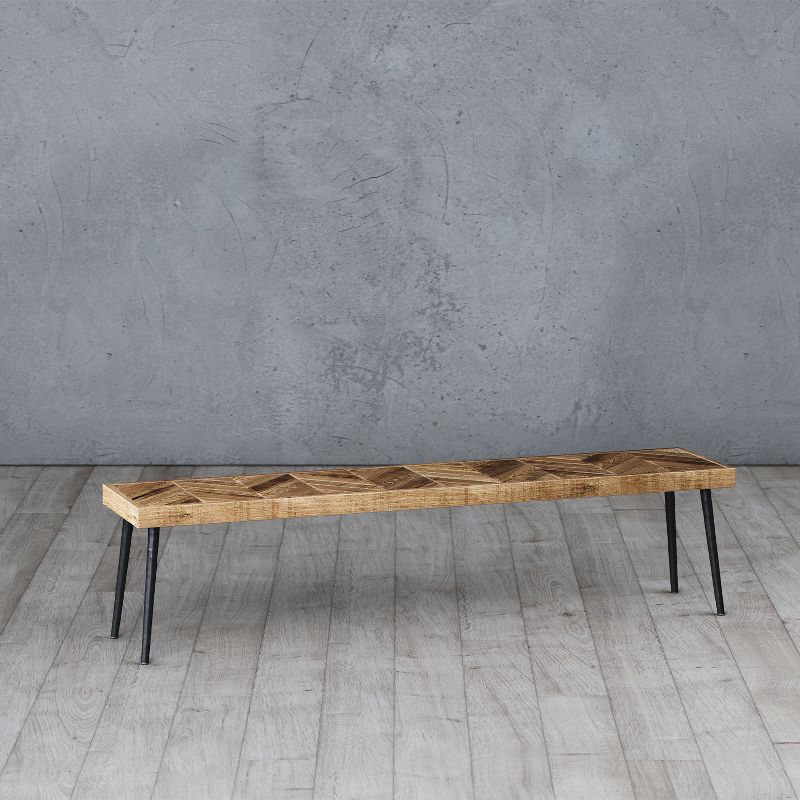 Mindful Living Rustic Farmhouse Mid Century Modern Fusion Mango Wood Top and Iron Hairpin Legs Chevron Pattern Rectangular Dining Room Bench, Beige