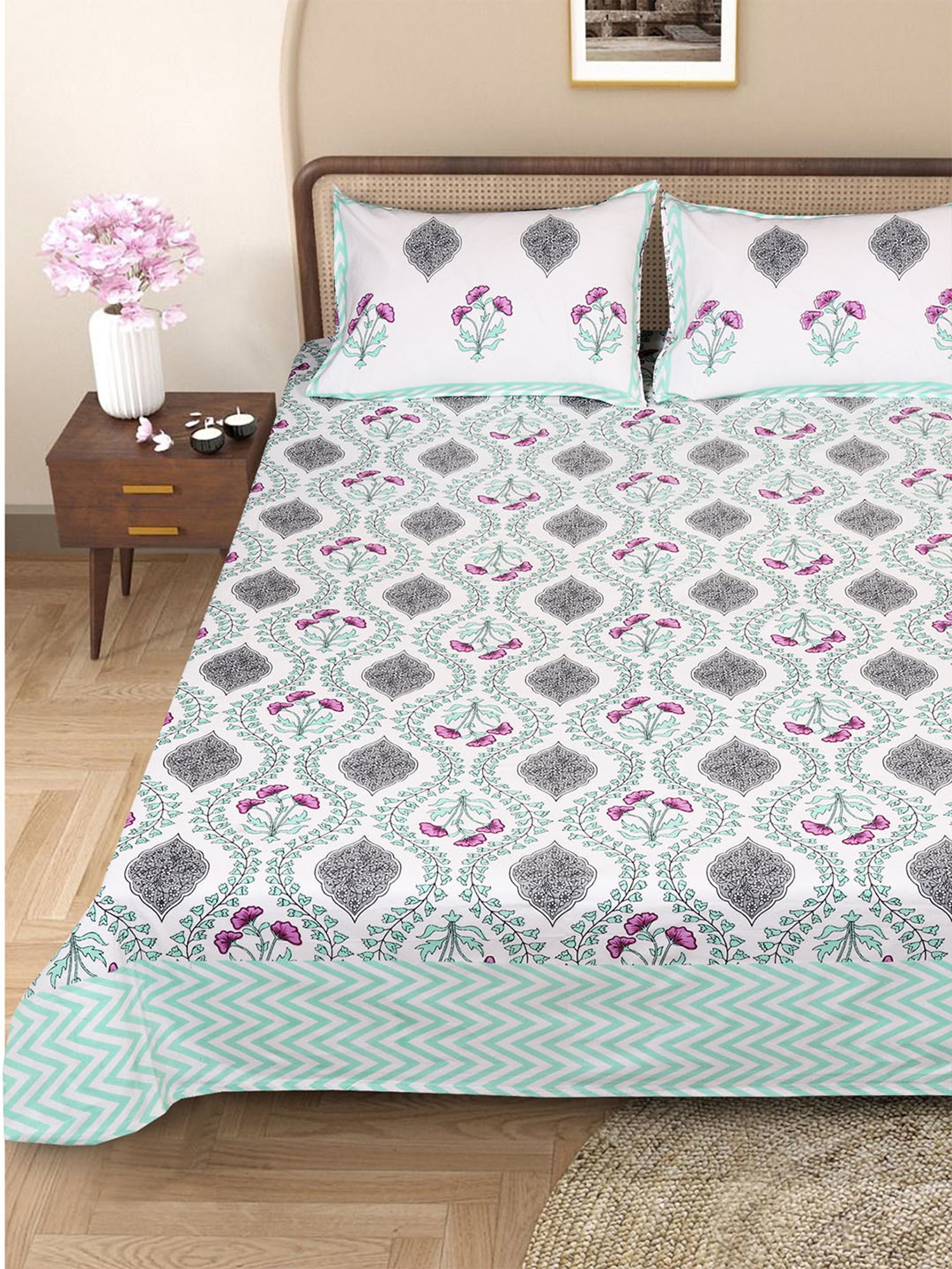 Romee White Cotton Floral Bed Sheets