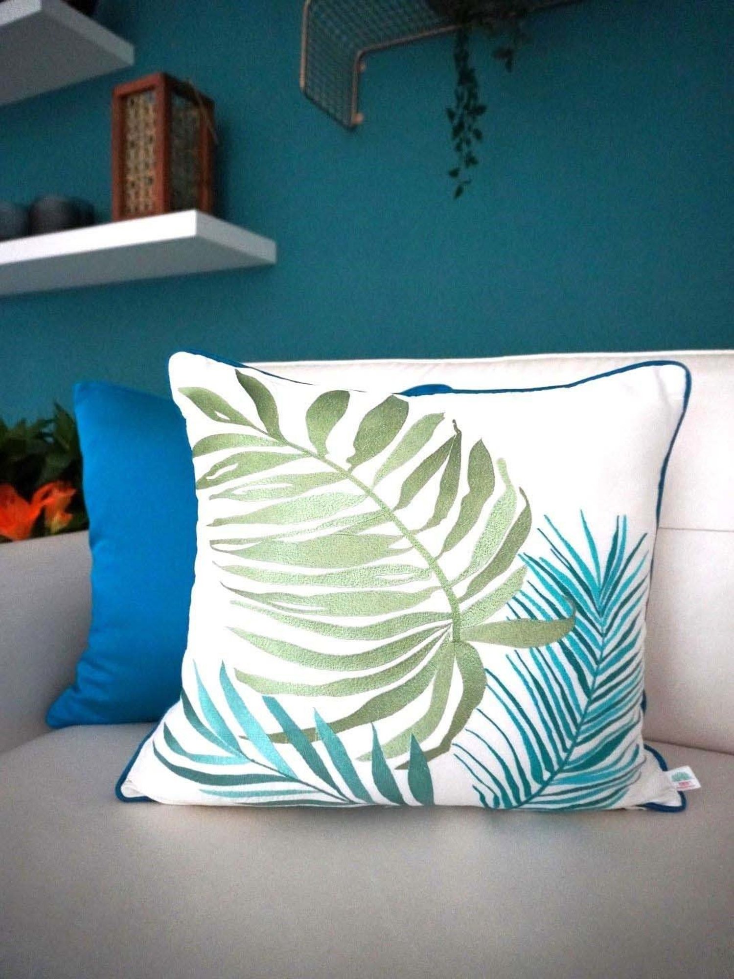 TARA Sparkling Homes Palm Springs Teal Blue & Beige Cotton Cushion Cover - Set of 4