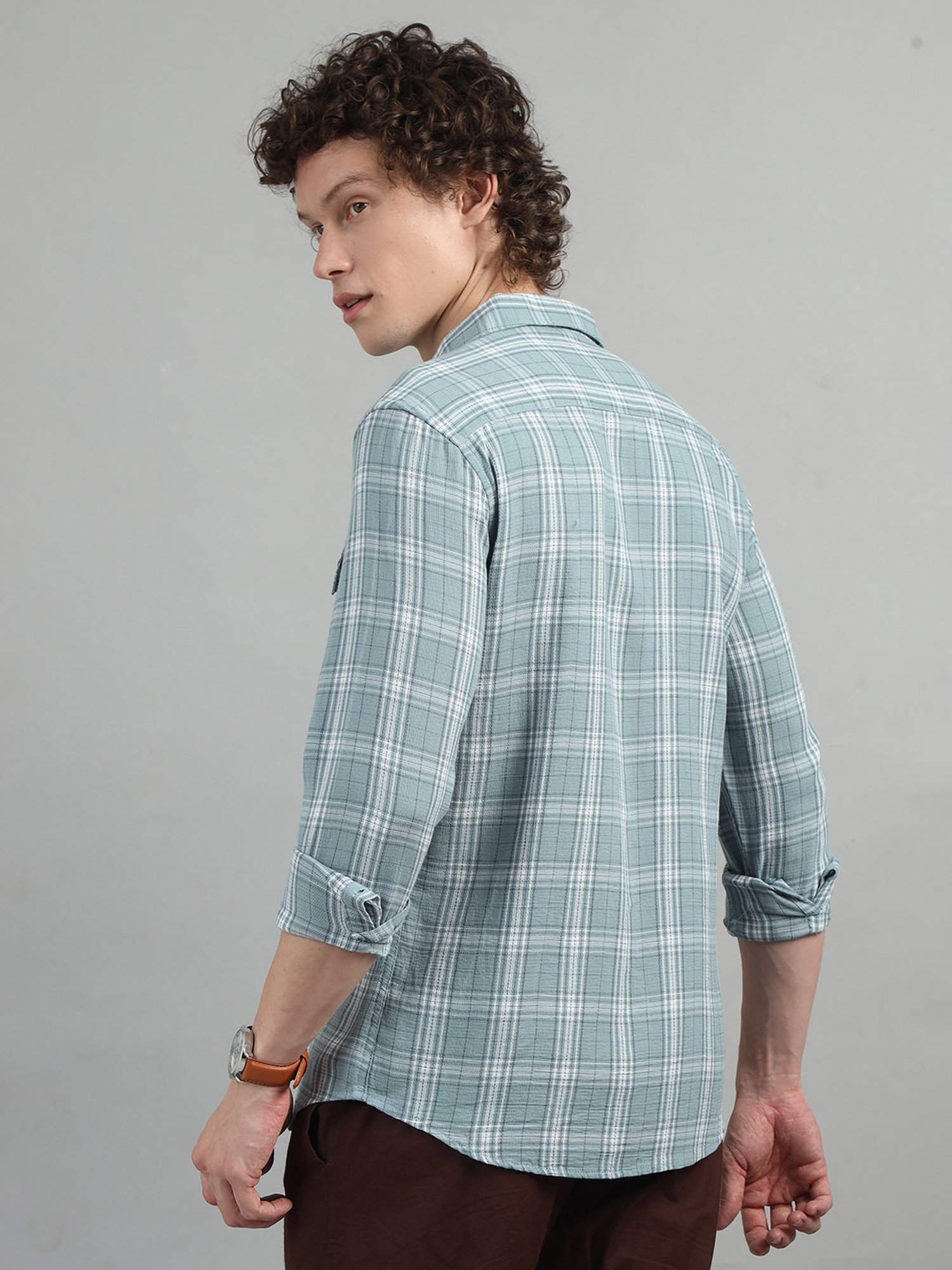 Bushirt Light Blue Regular Fit Check Cotton Shirt