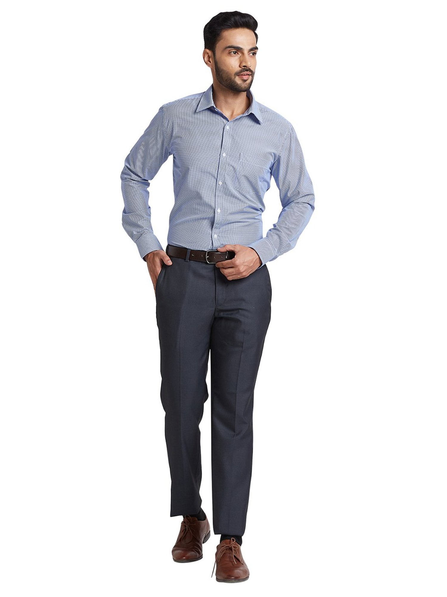 Park Avenue Dark Grey Regular Fit Self Design Flat Front Trousers