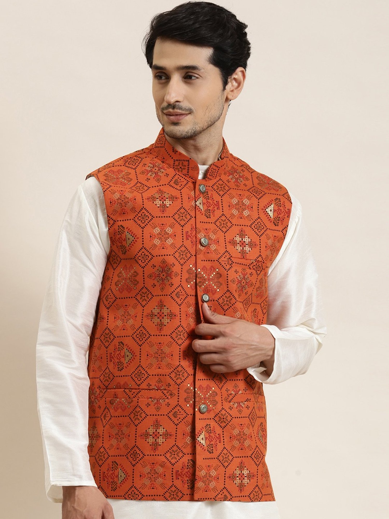 Sojanya Orange Cotton Linen Regular Fit Self Pattern Nehru Jacket