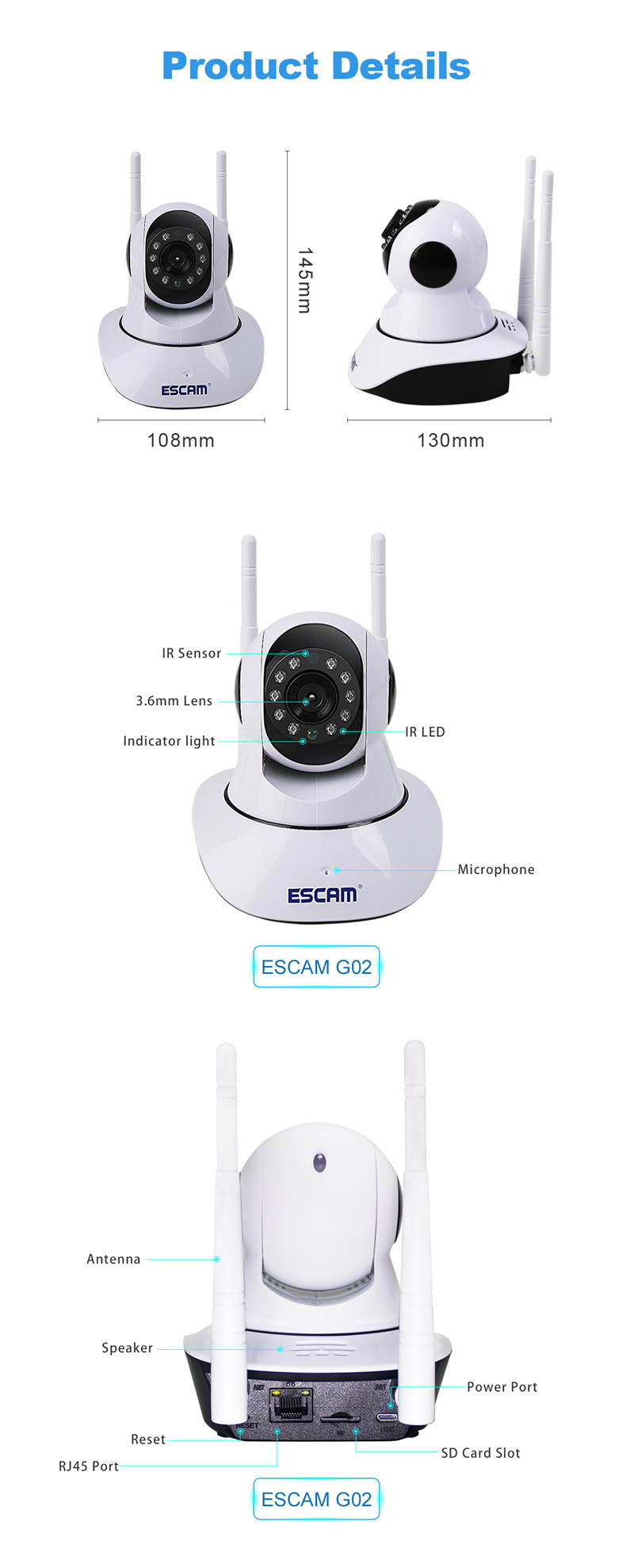 ESCAM G02 Dual Antenna 720P Pan/Tilt WiFi IP IR Camera Support ONVIF Max 128GB