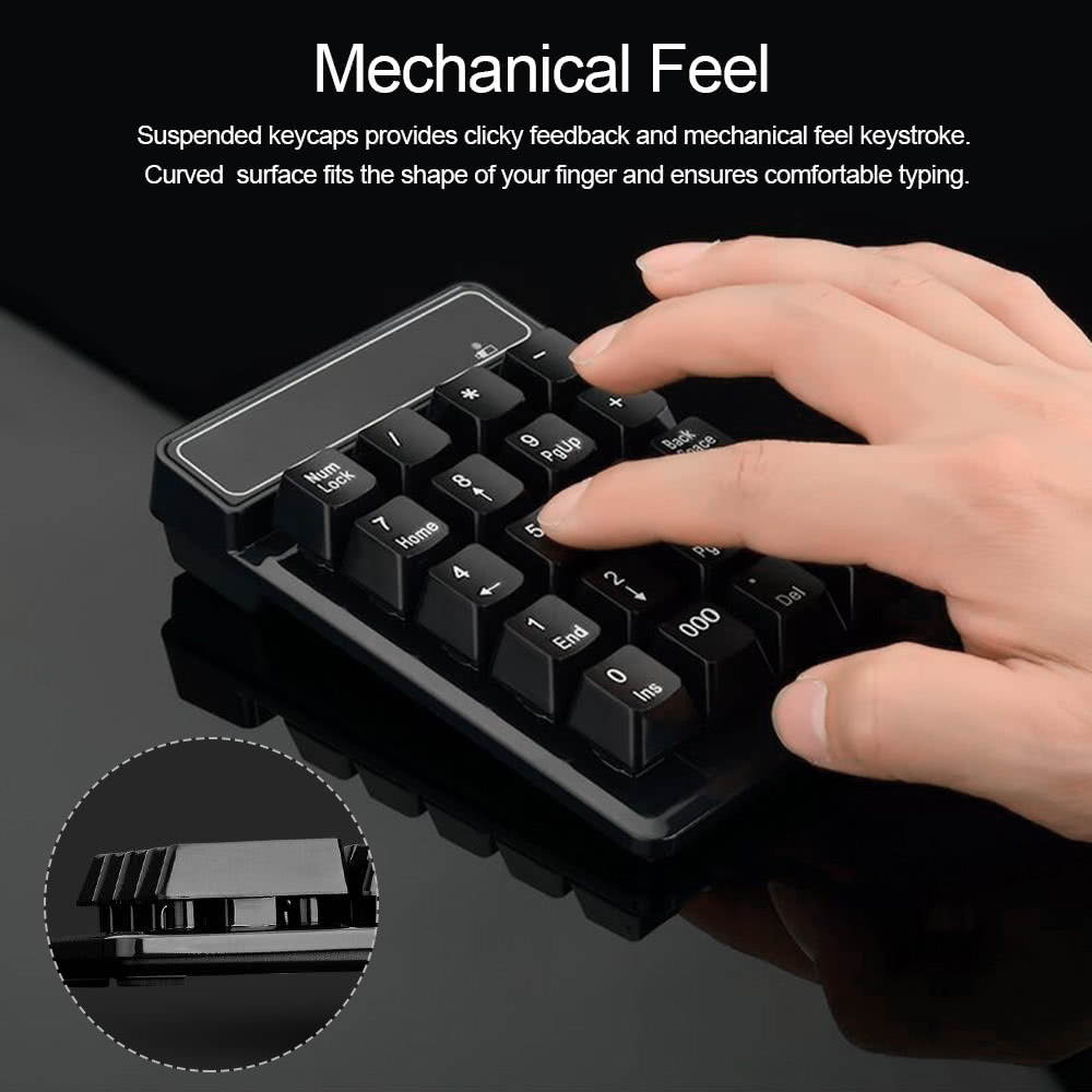 2.4Ghz Wireless Numeric Keypad Mechanical Feel Number Pad Keyboard 19 Keys w/ USB Receiver Water-proof for Laptop Desktop PC Notebook Black