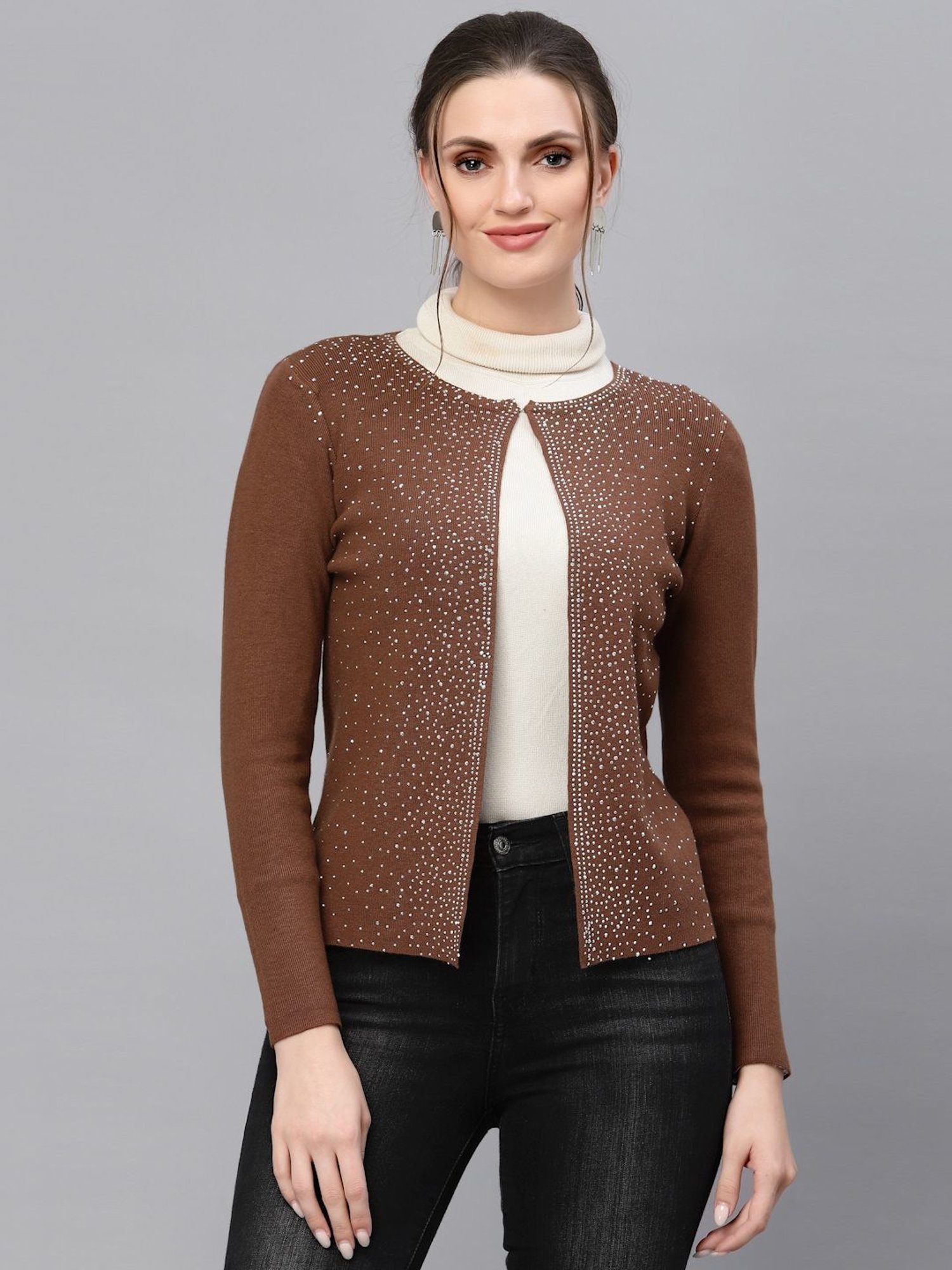 Mafadeny Brown Embellished Shrug