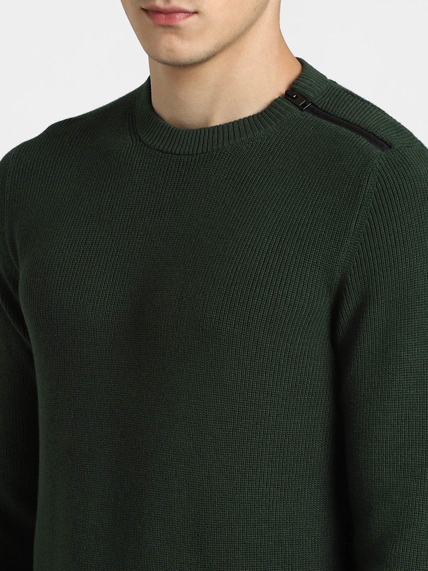 Jack & Jones Dark Green Slim Fit Textured Cotton Sweater