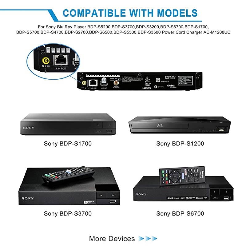 12V AC Adapter Compatible with Sony BDPBX BDPS Series Bluray Disc DVD Player BDPBX120 BDPBX520 BDPBX350 BDPBX670 BDPS1200 BDPS1700 BDPS3700 BDPS3200 BDPS6700 PN ACM1208UC