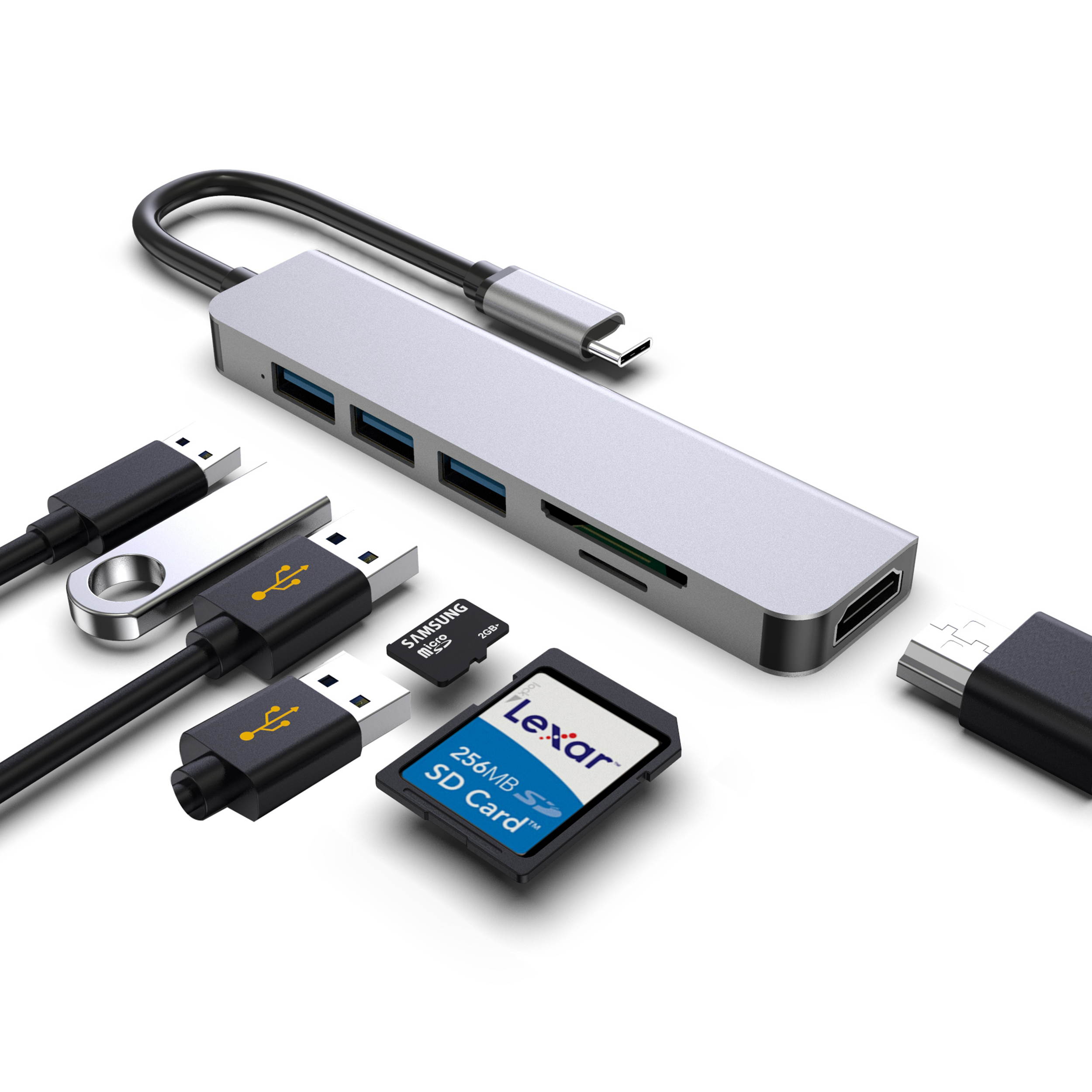 Computer USB converter 4 in 1 hub, HDMI Port Max 4K UHD 3840*2160@30HZ with  3 USB 3.0 Hub Ports up to 5Gbps for data syncing, Suitable for the Mac with TYPE C interface and mouse, card reader,etc.