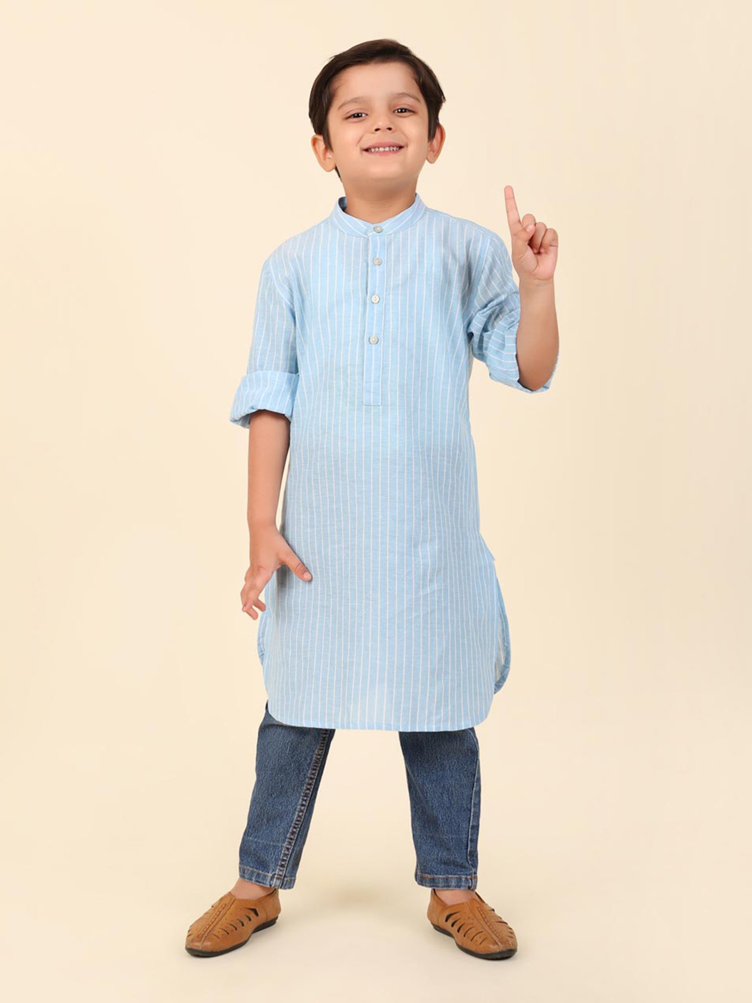 Fabindia Kids Blue Striped Full Sleeves Kurta