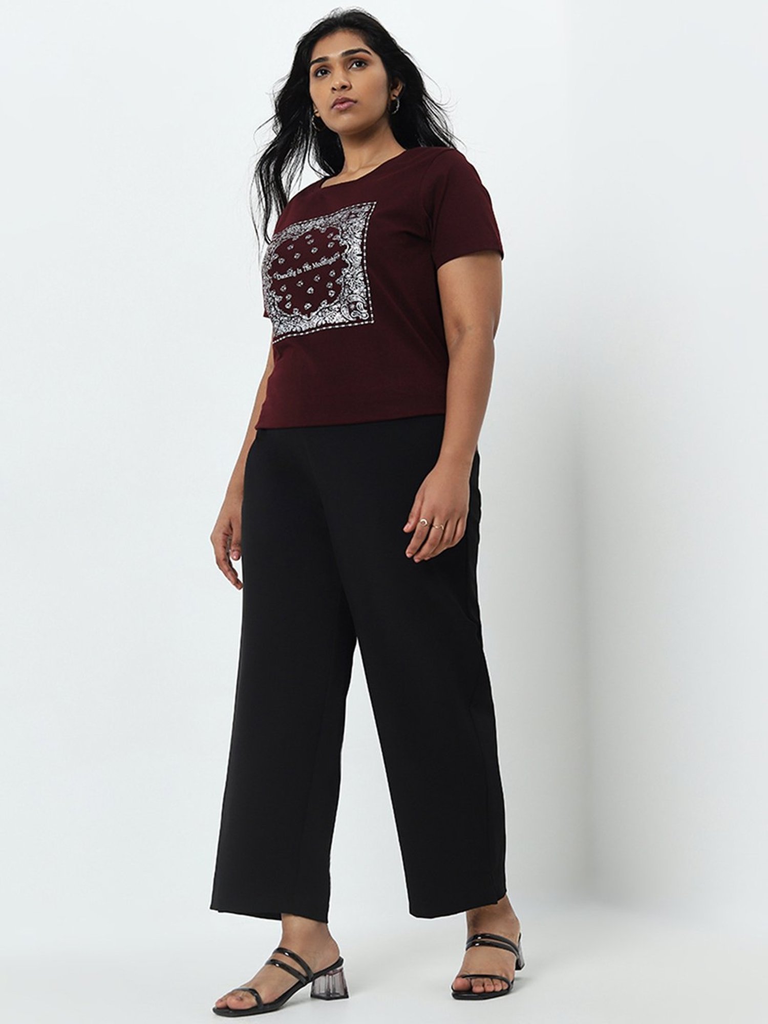 Gia by Westside Maroon Printed Cotton T-Shirt