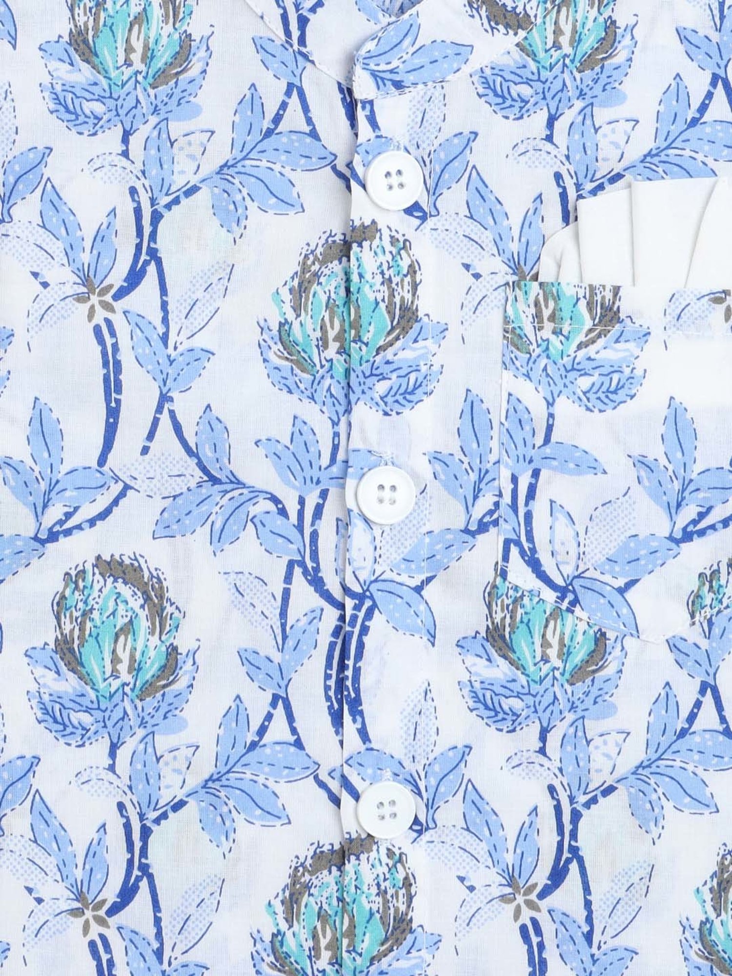 The Magic Wand Kids Blue & White Cotton Floral Print Full Sleeves Kurta Set