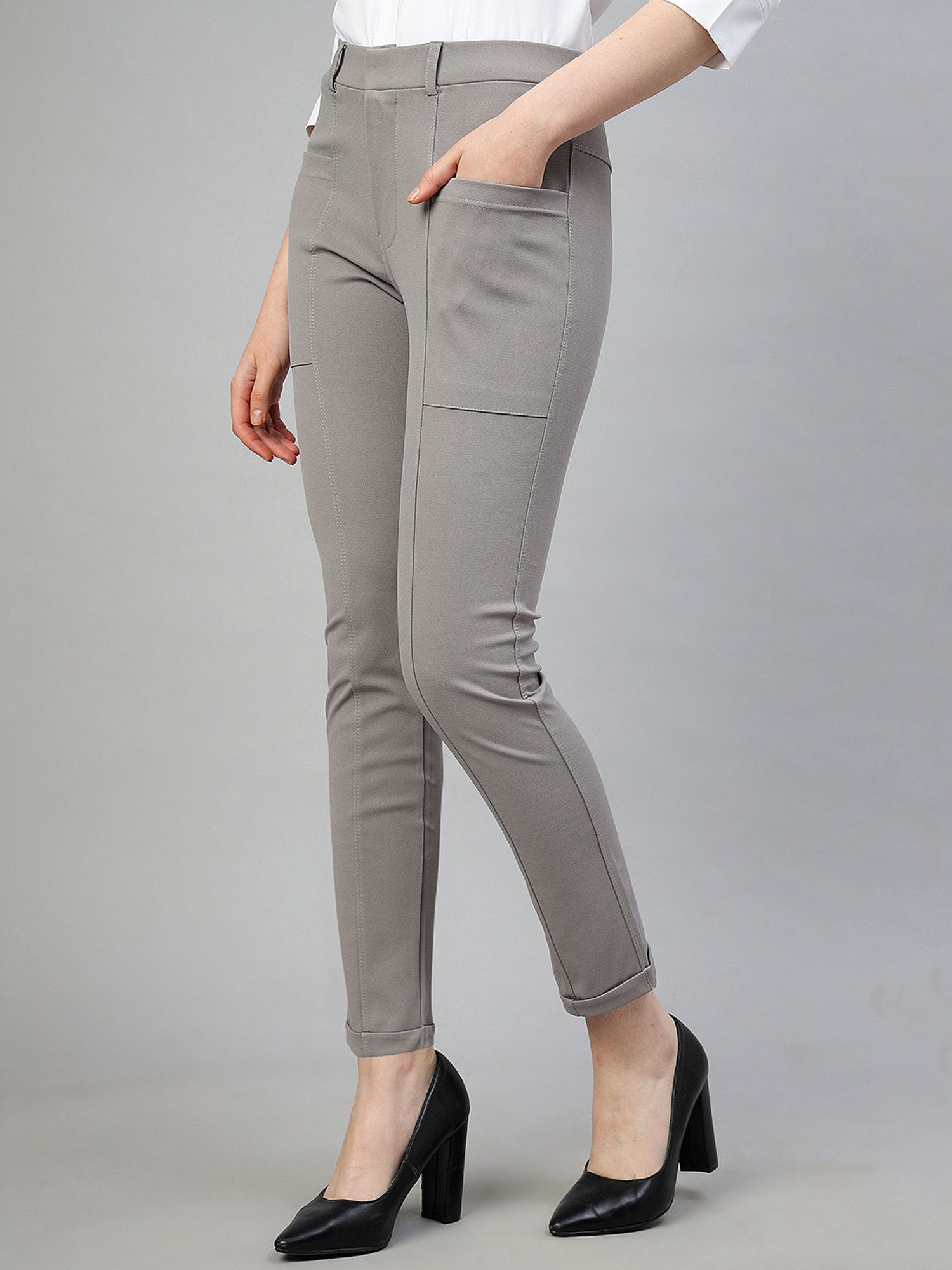 FITHUB Light Grey Slim Fit Mid Rise Trousers