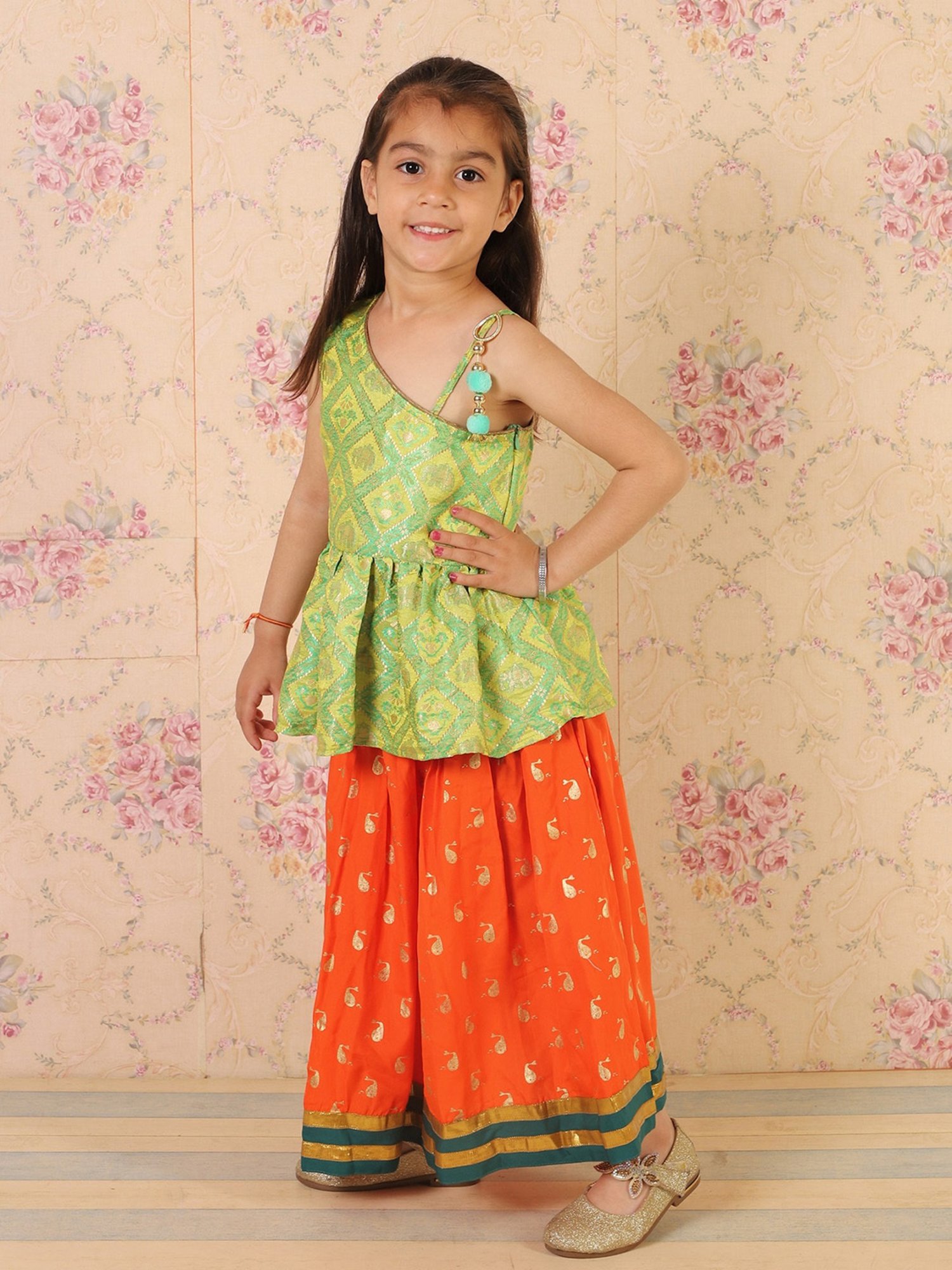 TWISHA Kids Green & Orange Self Design Top with Ghagra