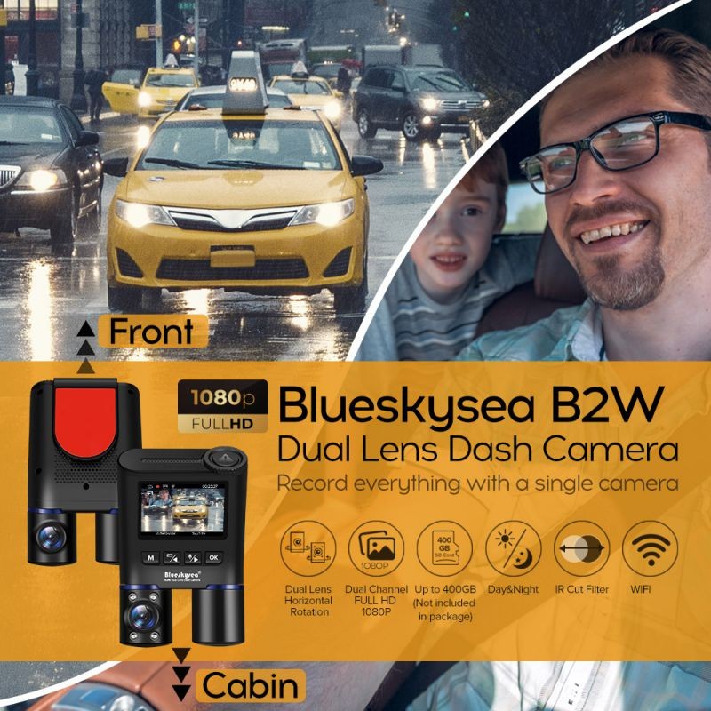 Dual 1080P Dash Cam Front and Inside, Blueskysea B2W Dashcam HD Double Rotatable Lens Driving Recorder Camera With IR Night Vision 2'' Screen 32GB SD Card For Uber Rideshare Lyft Car Driver