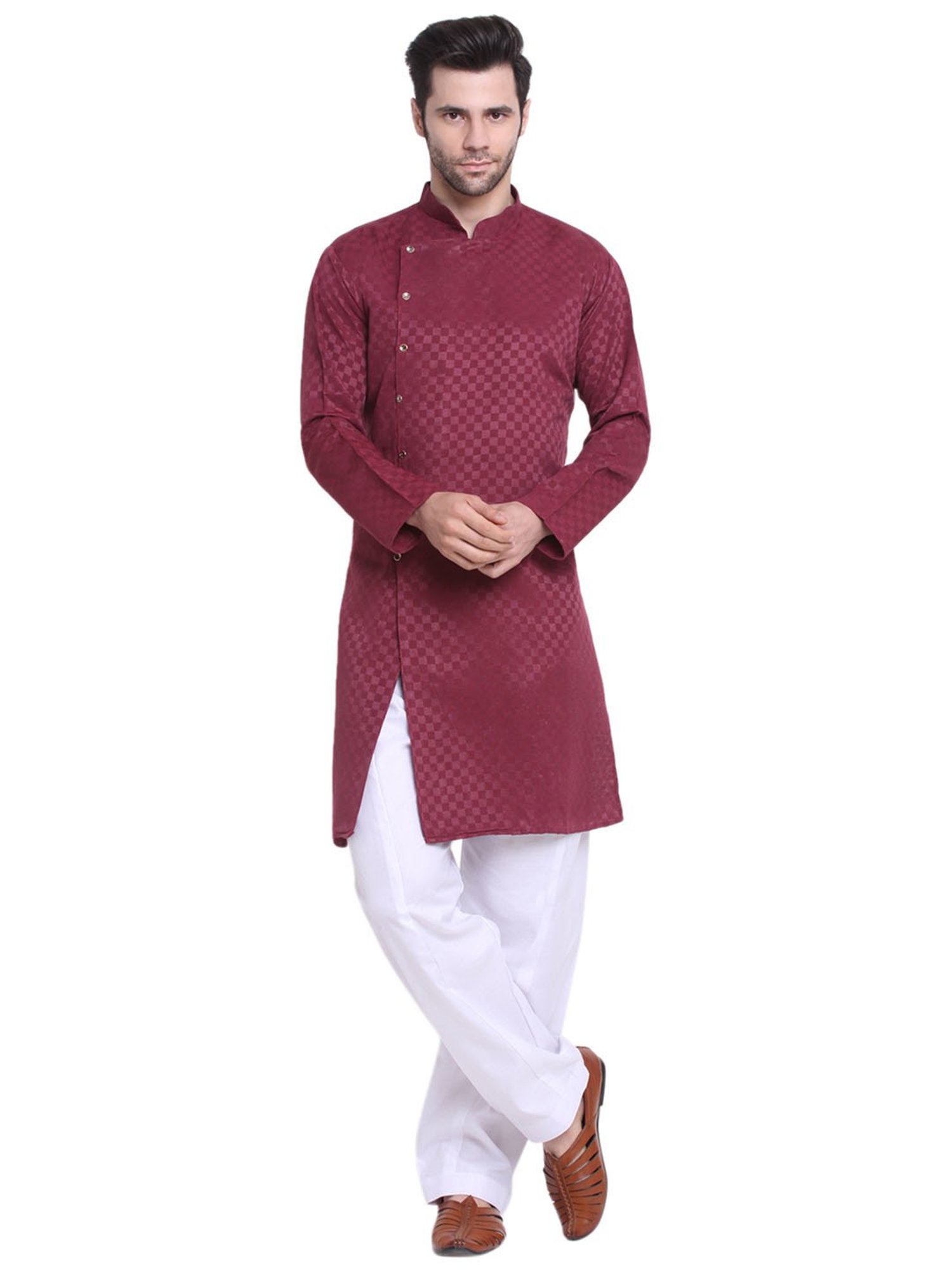 Benstoke Maroon & White Regular Fit Geometric Print Angrakha Kurta & Pyjamas Set
