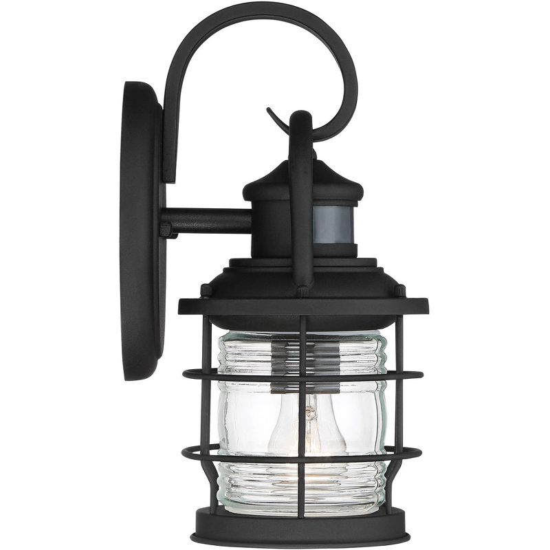 John Timberland Nautical Outdoor Wall Light Fixture Textured Black Cage 12" Clear Ribbed Glass Motion Security Sensor for House Deck Porch