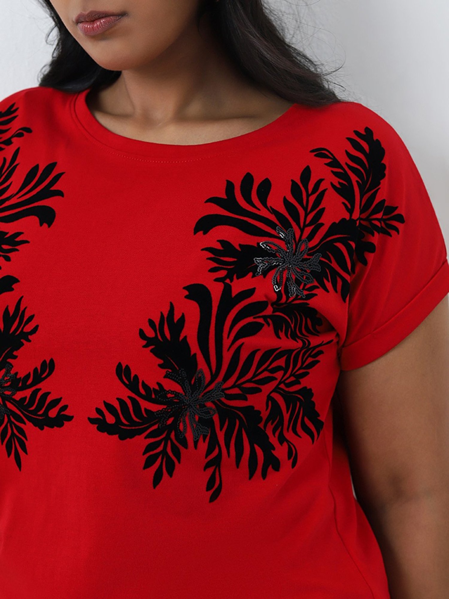 Gia by Westside Red Floral Printed Cotton T-Shirt