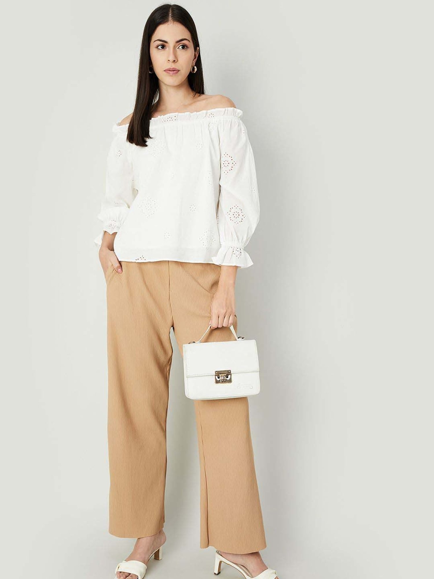 Code by Lifestyle Off-White Cotton Self Pattern Top