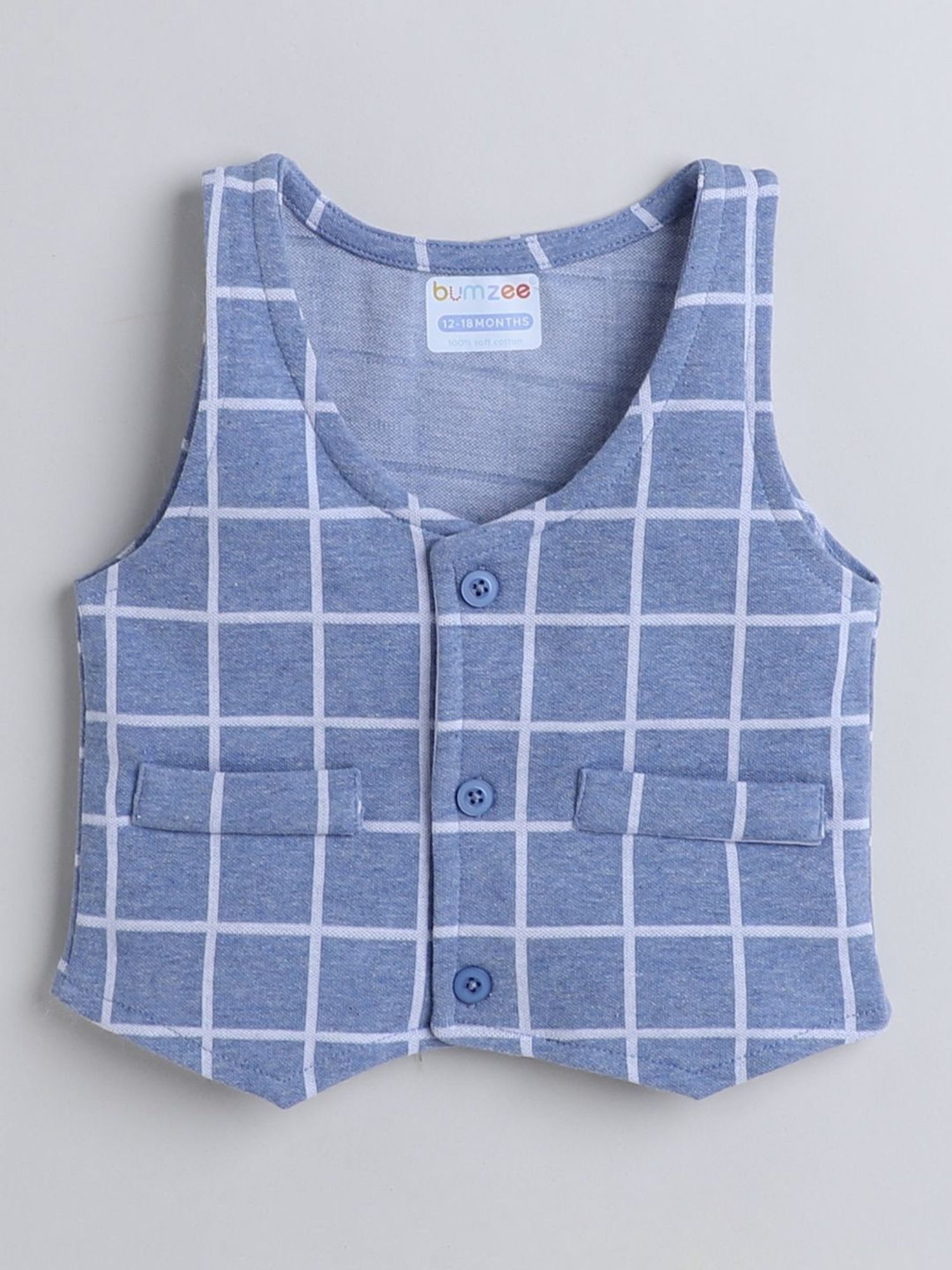 Bumzee Kids Grey & White Checks Full Sleeves Shirt, Waistcoat with Pants
