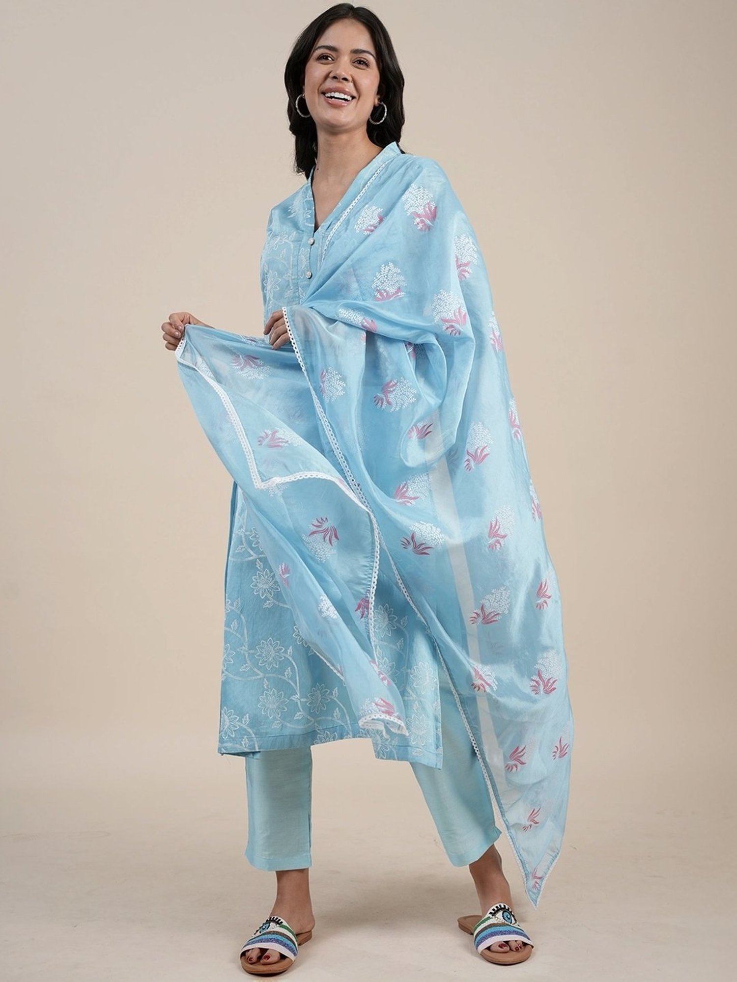Heeposh Blue Printed Kurta Pant Set With Dupatta