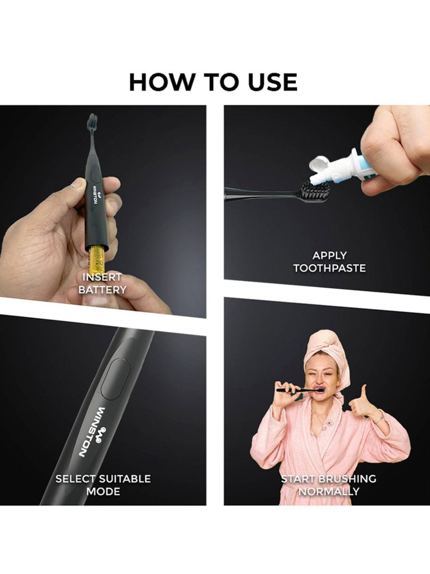 Winston Sonic Electric Toothbrush with Charcoal Bristles AAA Battery Operated (Black)