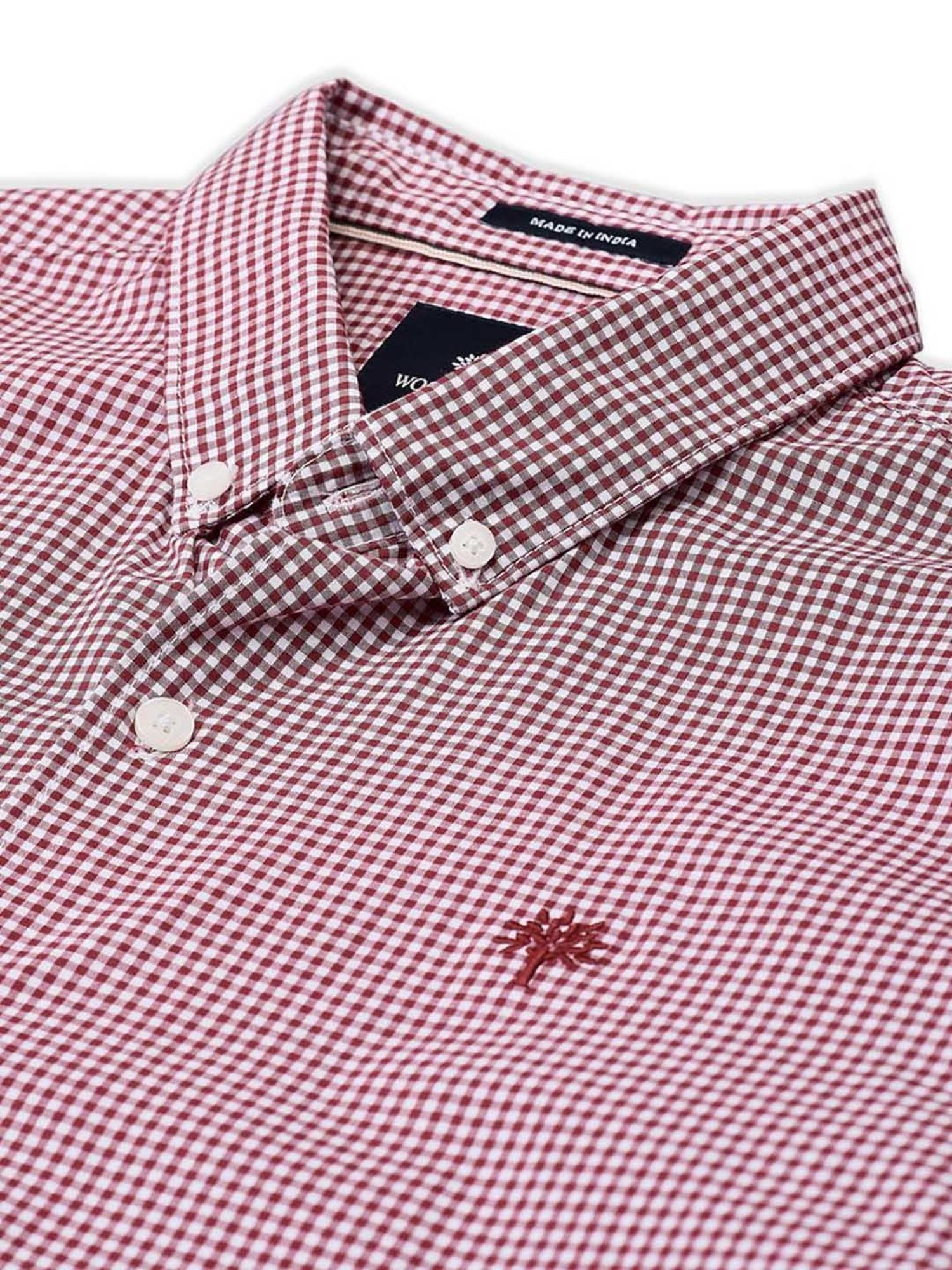 Woodland Maroon & White Regular Fit Check Cotton Shirt