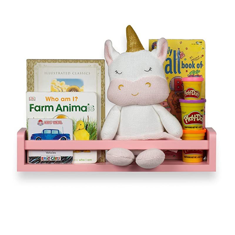 Nursery Room Decor Wall Shelf Book Organizer Storage Ledge Floating Bookshelf Display Holder for Toys CDs Frames Monitor - Ships Assembled (Light Pink)