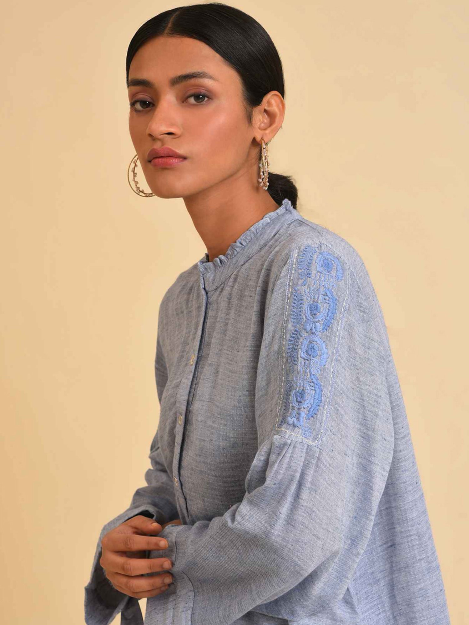 W Blue Cotton Embroidered Top