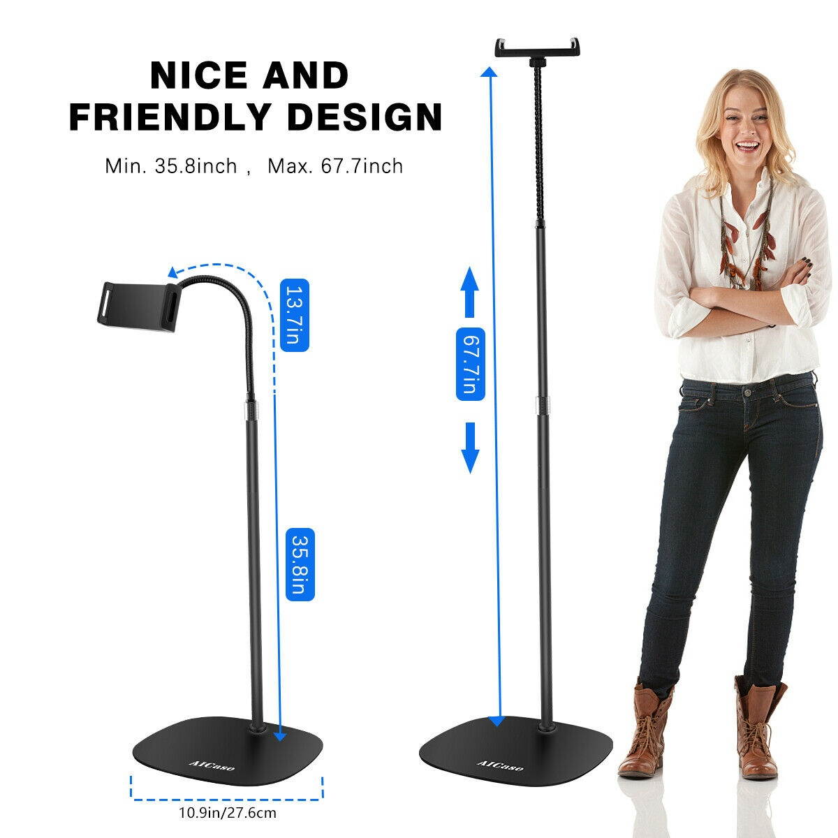 Height Adjust Gooseneck Floor Stand Tablet iPad Kindle Cell Phone Mount Holder