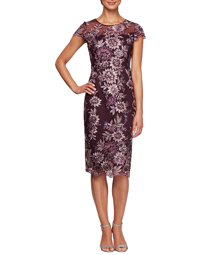 Alex Evenings Petite Size Floral Embroidered Cap Sleeve Sheath Midi Dress