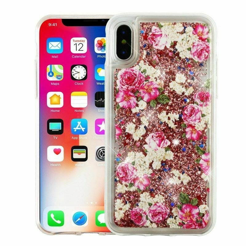 For  iPhone X/XS 10 Pink Roses Quicksand Glitter Hard TPU Hybrid Case Cover