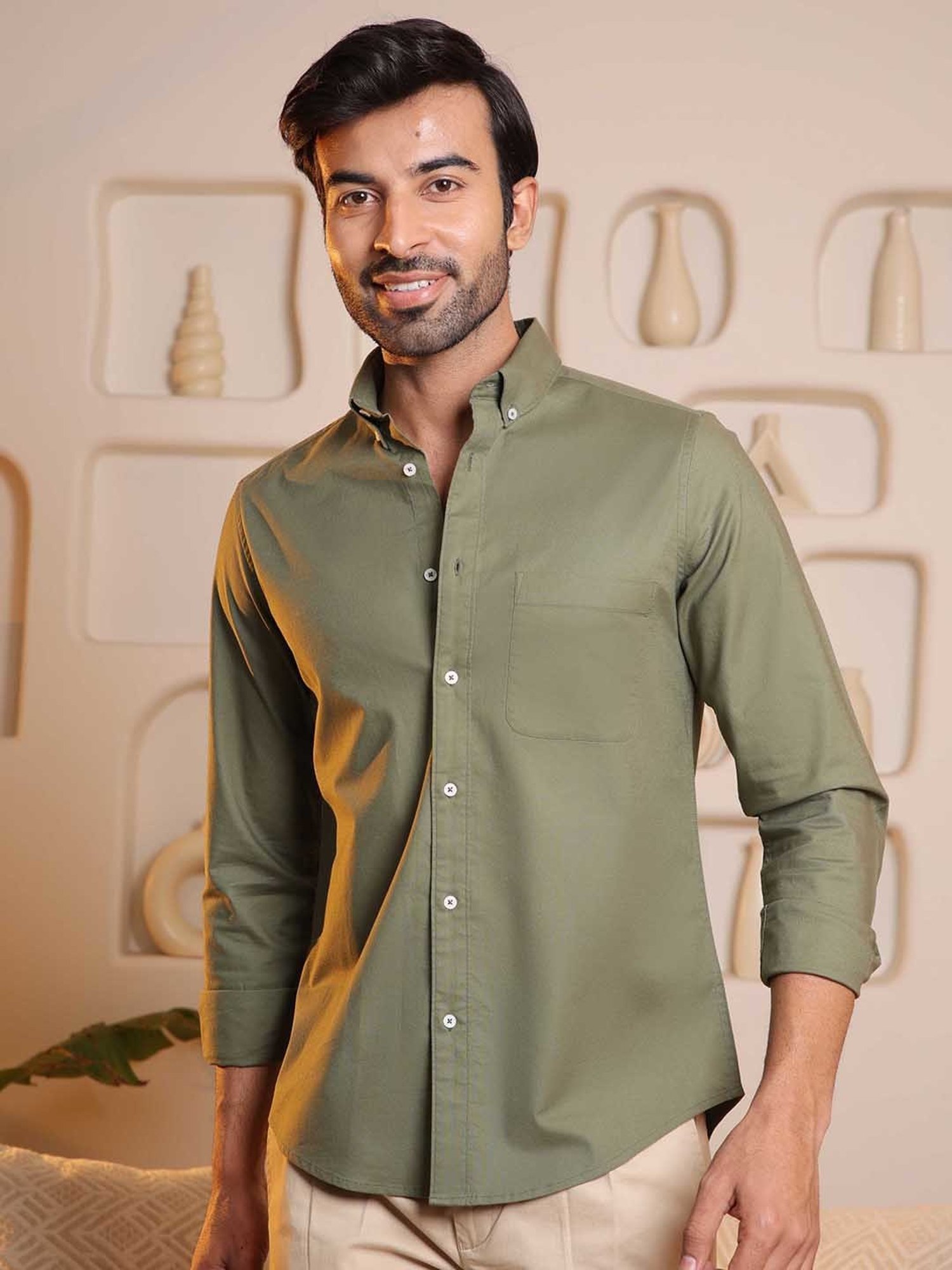 SUBTRACT Olive Regular Fit Shirt