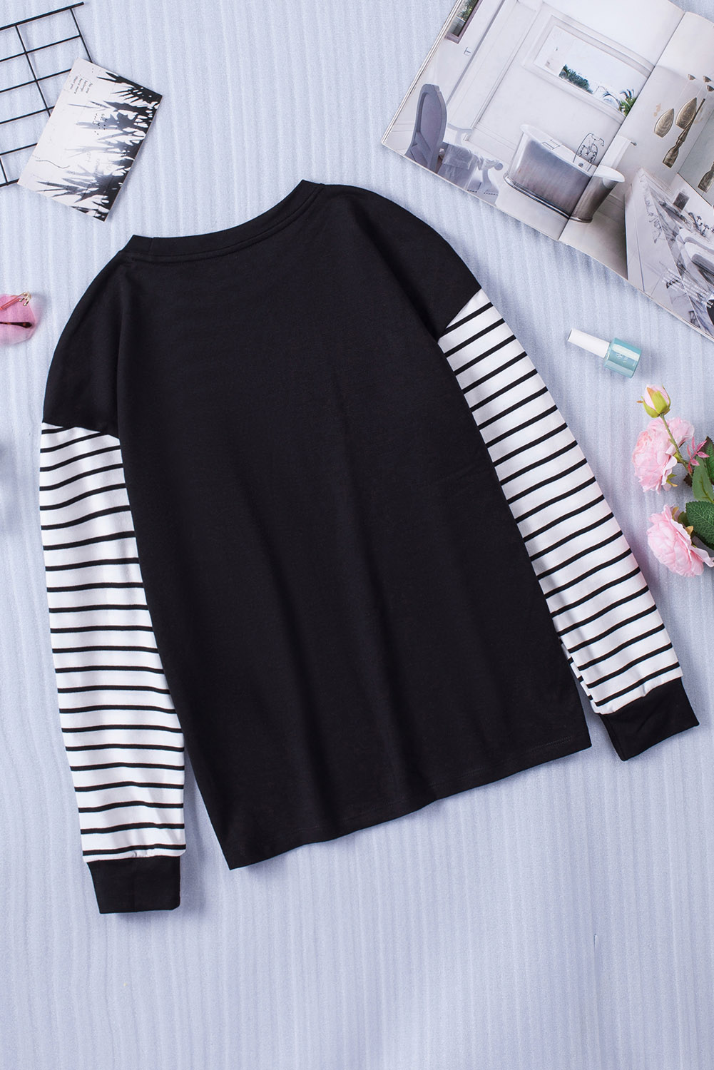 Blank Sweatshirt - Black Striped and Stars Print Long Sleeve T-Shirt Customized