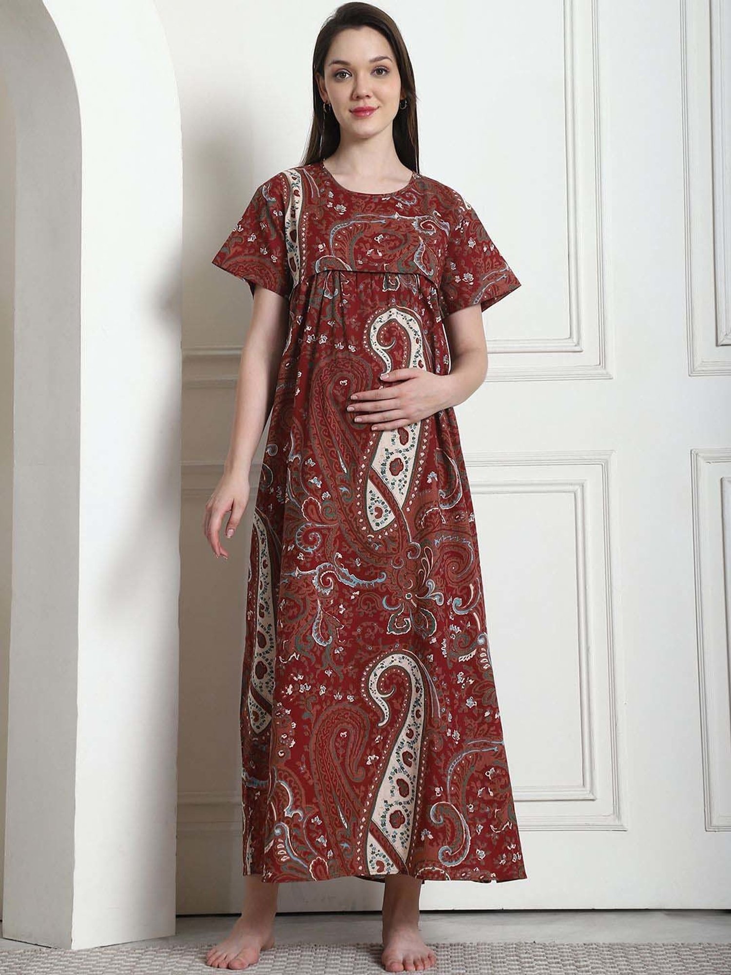 Secret Wish Brown Cotton Printed Straight Nighty