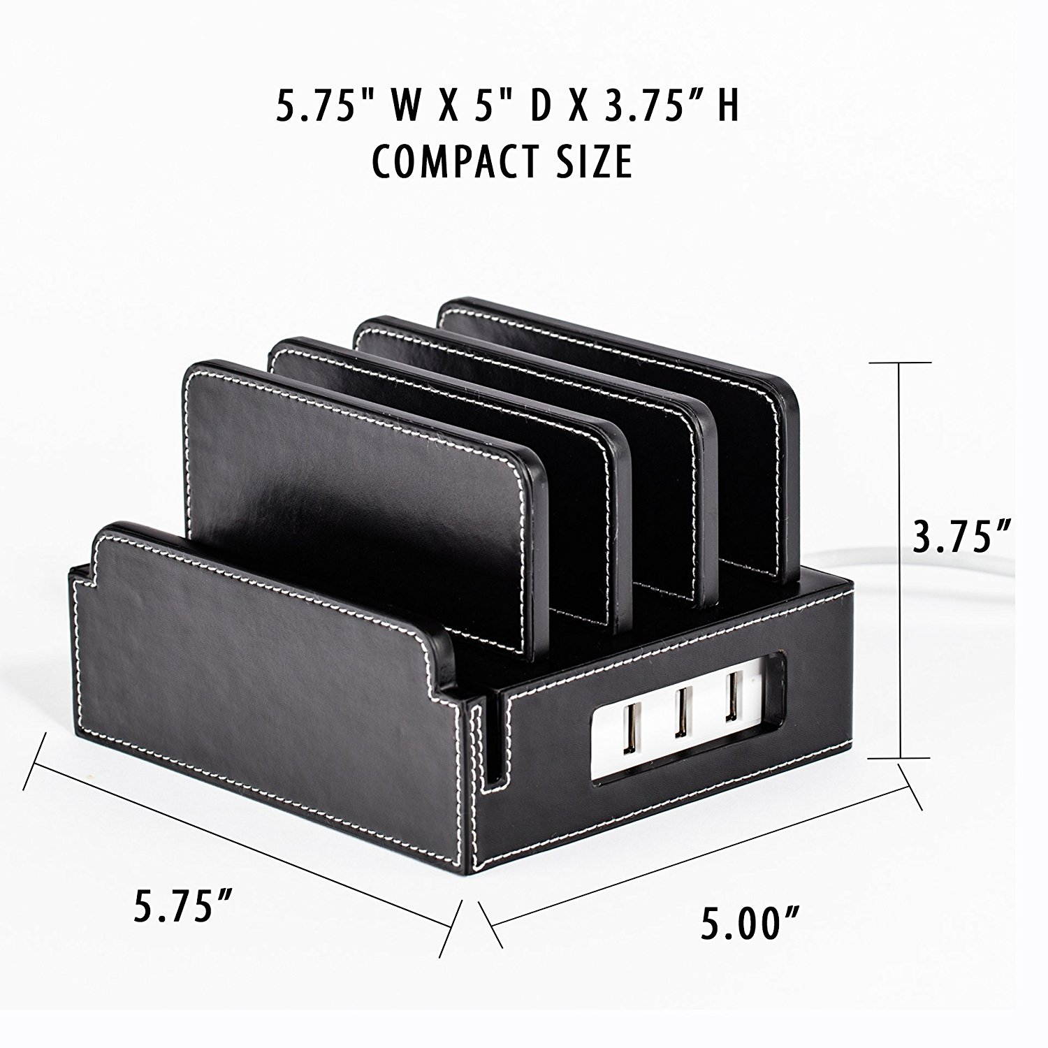 Compact Universal Desktop Cell Phone & Tablet/eReader/Kindle Charging Station, with Set of Cable Ties. Multiple Finishes Available - Black Leatherette
