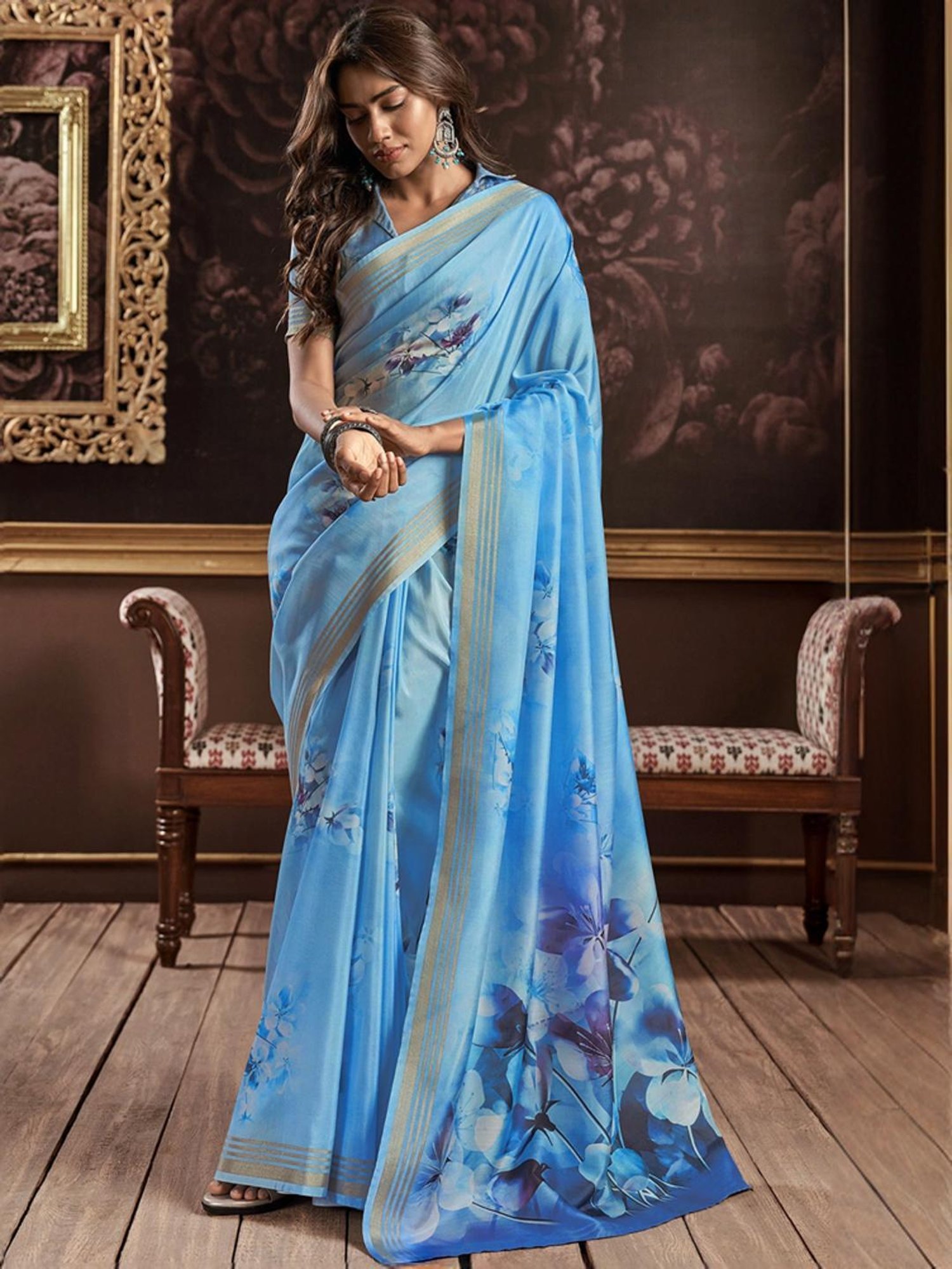 Satrani Blue Floral Print Saree With Unstitched Blouse