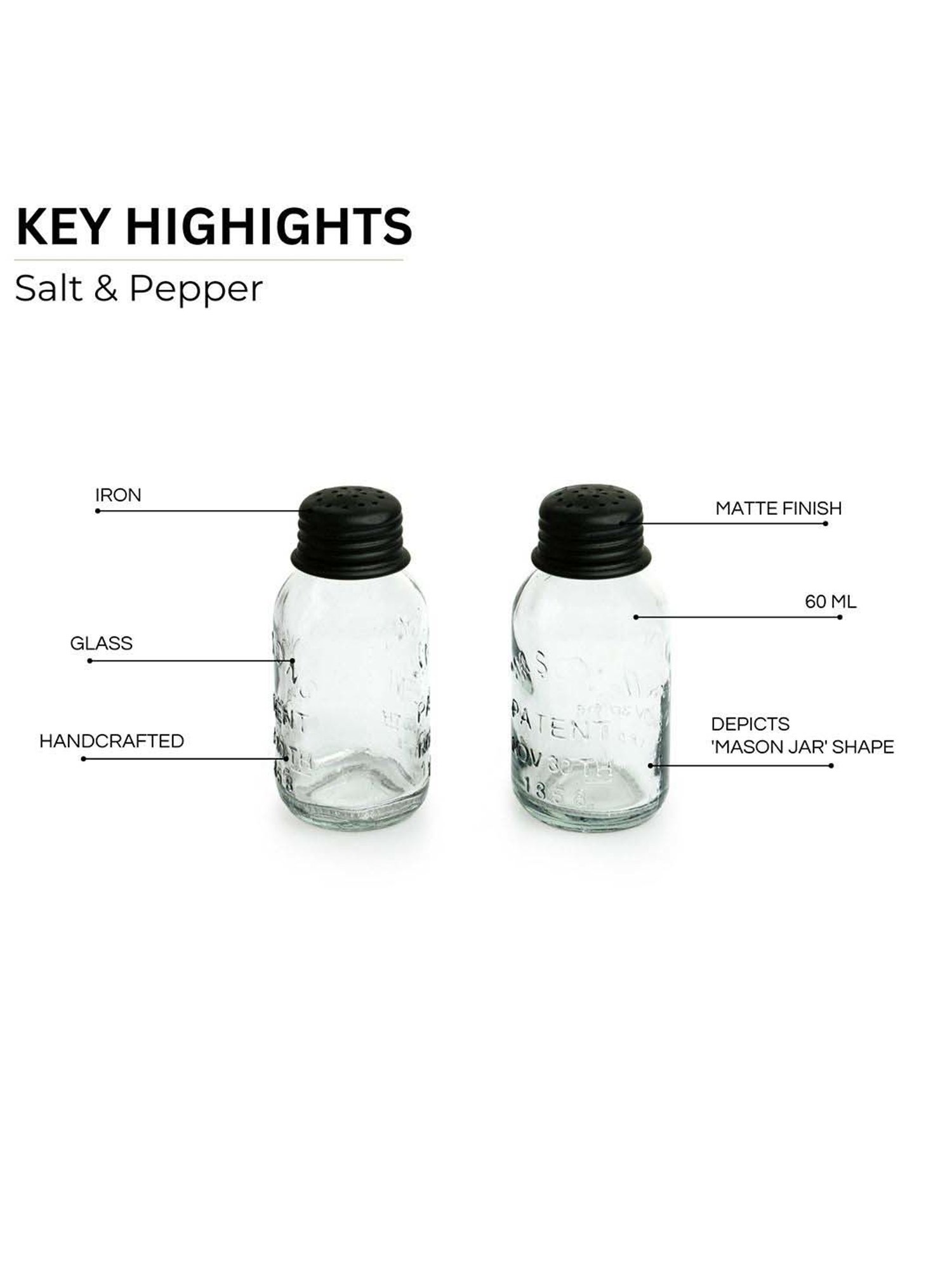 ExclusiveLane Transparent & Black Glass Mason Bottle Salt & Pepper Shakers Set