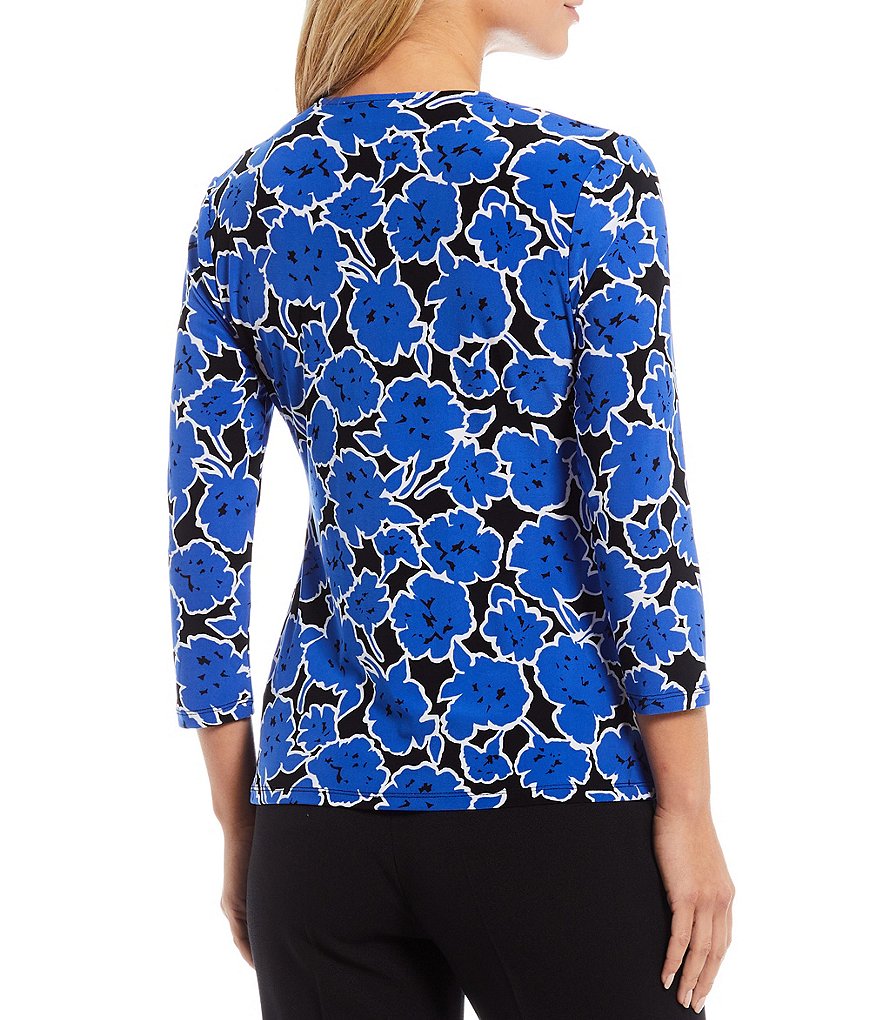 Kasper Abstract Floral Printed Knit Faux Wrap V-Neck Long Sleeve Top