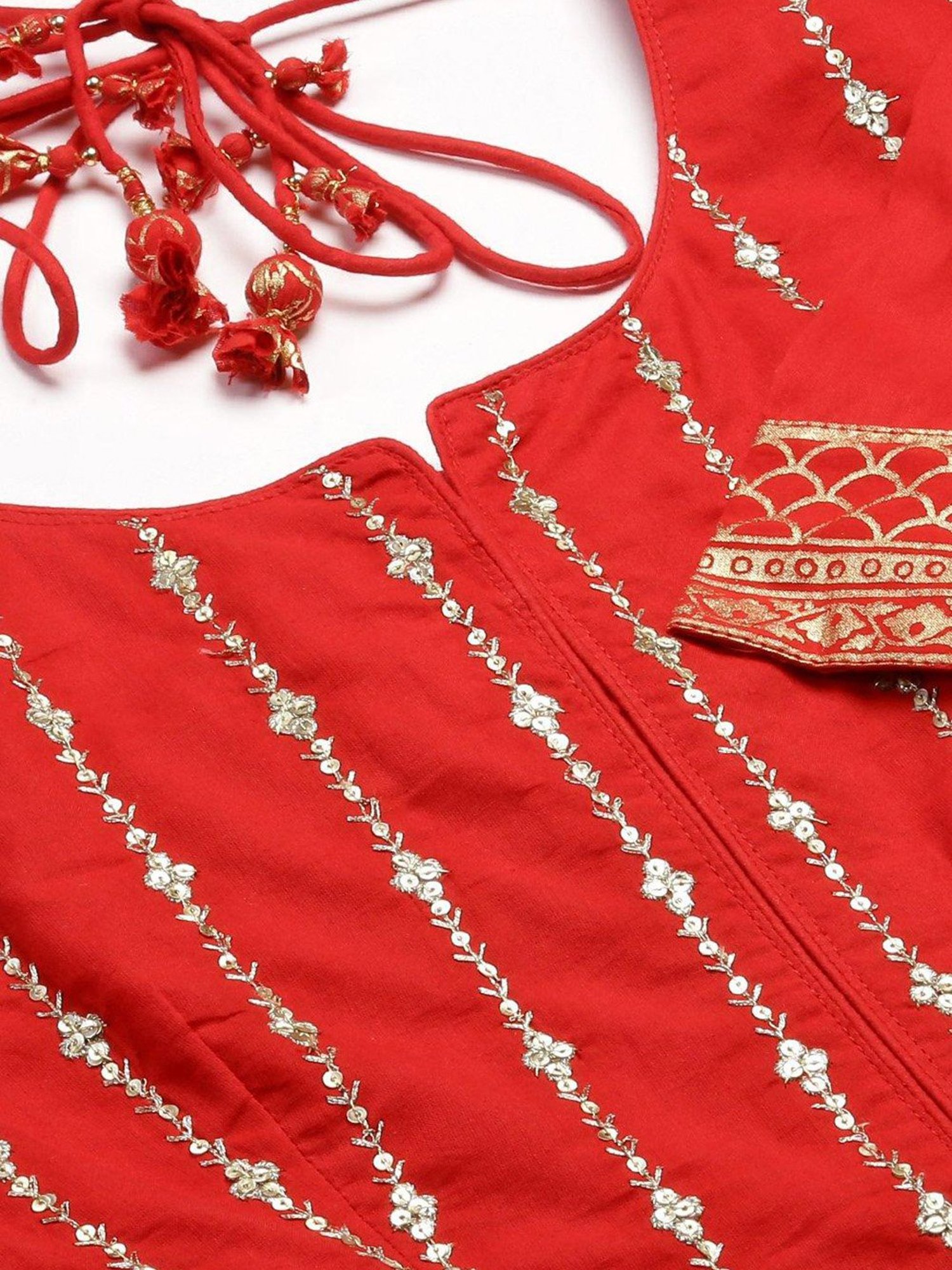 Biba Red Embellished Kurta With Churidar & Dupatta