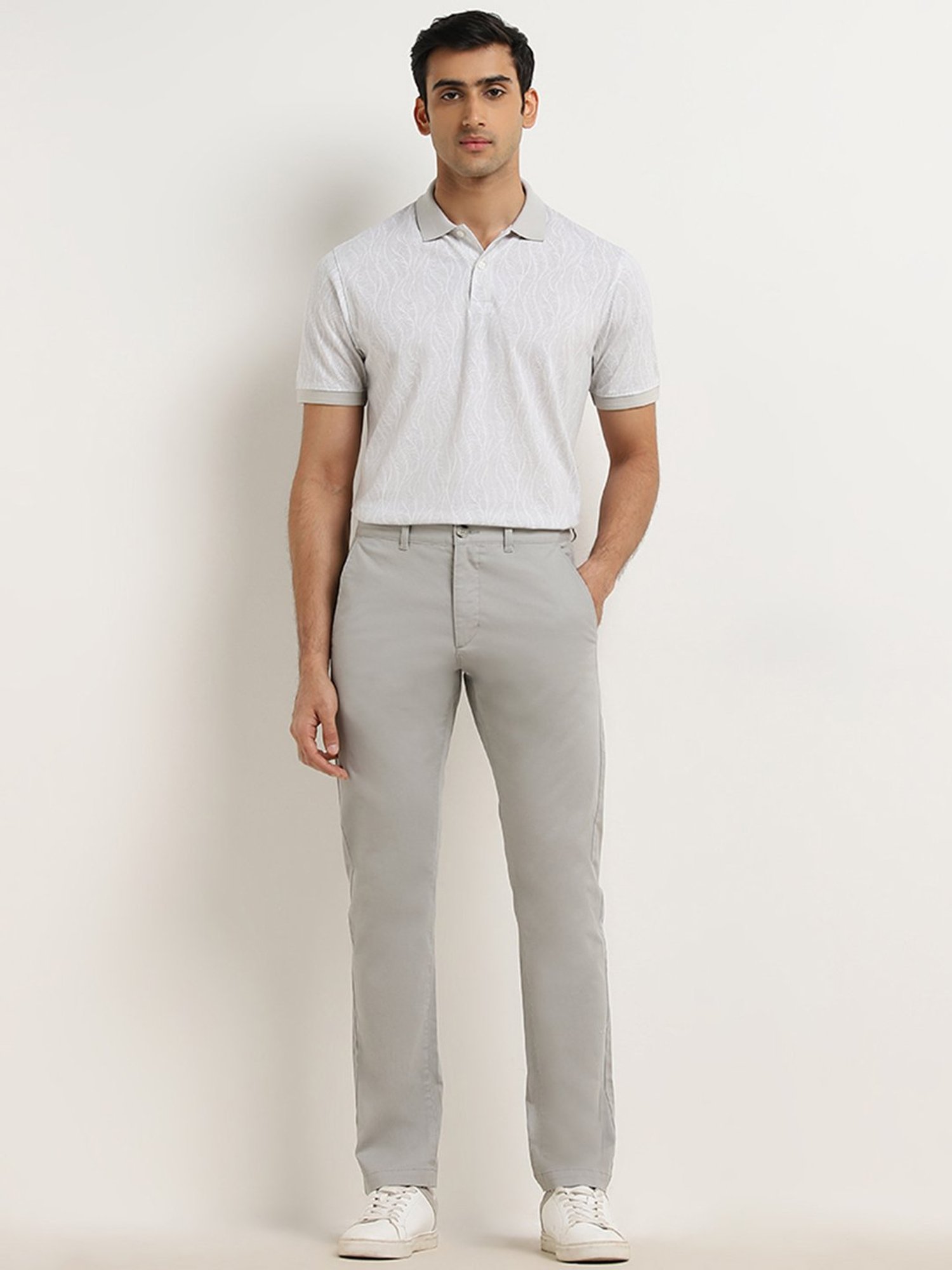 WES Casuals by Westside Light Grey Leaf Design Relaxed-Fit Polo T-Shirt