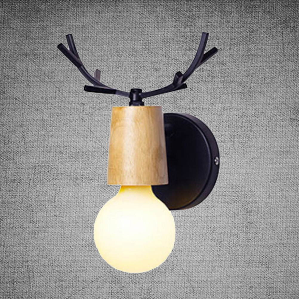 220V Nordic Wooden Creative Personality Antler Wall Lamps Iron Art Europe Wall Lamps for Living Room Bedroom Bathroom with G80 Bulbs (Warm Light, Black)