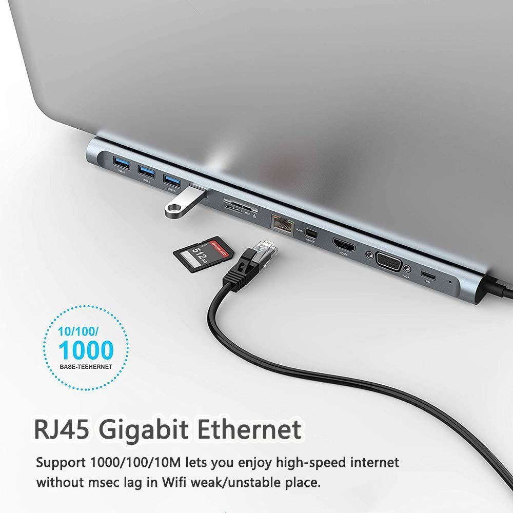 USB C HUB 12 in 1 Docking Station 4K@30Hz HDMI, Mini DP, 4 USB 3.0, RJ45 Ethernet, VGA 1080P, SD/TF Card Reader, 60W PD Charging Power, 3.5mm Audio for Macbook and Type-C Laptops