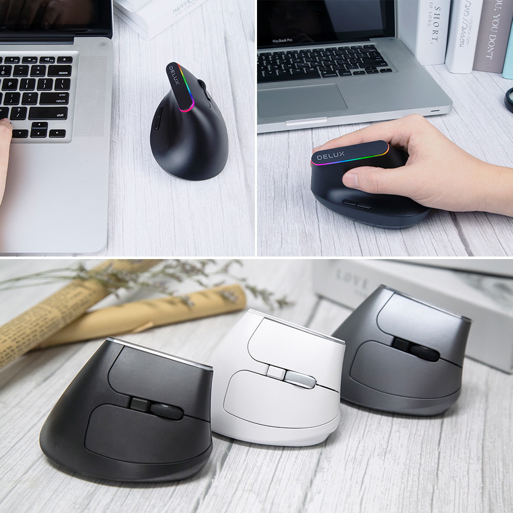 DELUX 2.4G Wireless Vertical Mouse, Rechargeable Ergonomic Mouse with USB Receiver, 6 Buttons and 1600DPI, Ergo 57 Degree Design Reduce Hand and Wrist Pressure for PC Laptp and Computer(M618D-Black)