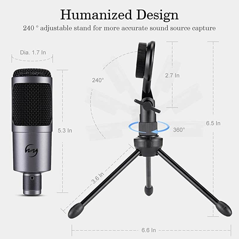 USB Microphone  PC Condenser Mic for Mac or Windows Laptop and Computer ZY905 Desktop Microphone for Gaming Recording Live Streaming YouTube Videos Gray
