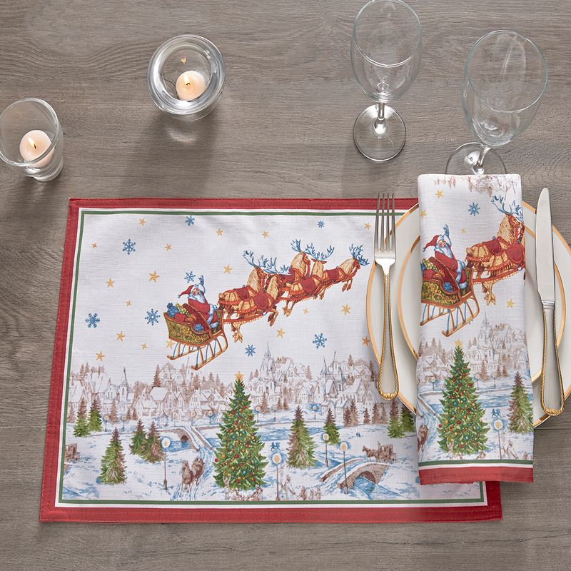 Santa's Snowy Sleighride Napkins, Set of 4 - 17" x 17" - Red/Green - Elrene Home Fashions