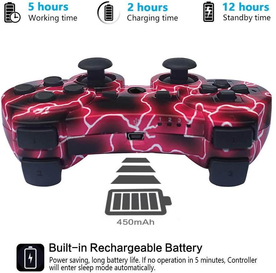 Controllers for PS3 Playstation 3 Dual Shock, Wireless Bluetooth Remote Joystick Gamepad for Six-axis with Charging Cable (Pack of 2, BlueFlash and StarrySky)