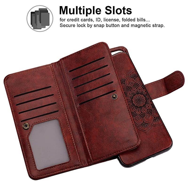 2in1 Case for iPhone 6S Plus Case iPhone 6 Plus Wallet Card Holder Detachable Flip Cover Magnetic Folio PU Leather Protective Slim Shell Wrist Strap for iPhone 6 Plus 6S Plus Mandala Red