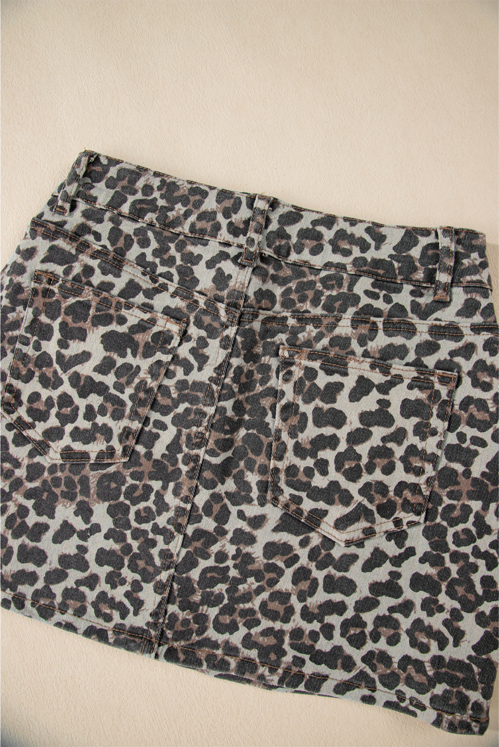 Khaki Allover Leopard Print Denim Mini Skirt